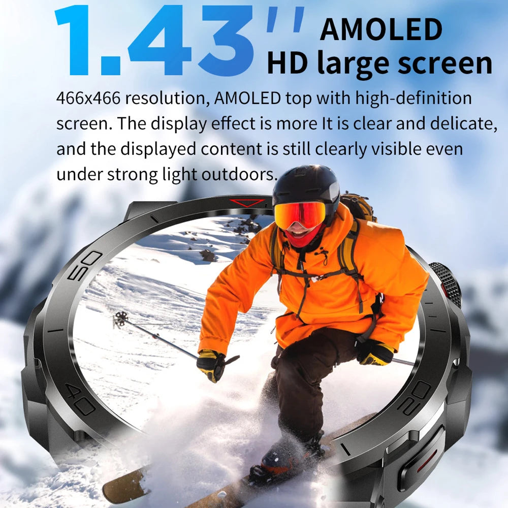 1.43" AMOLED Screen Smart Watch Men Outdoor Sports Compass Watches Blue Tooth Call Health Monitoring IP68 Waterproof Smartwatch