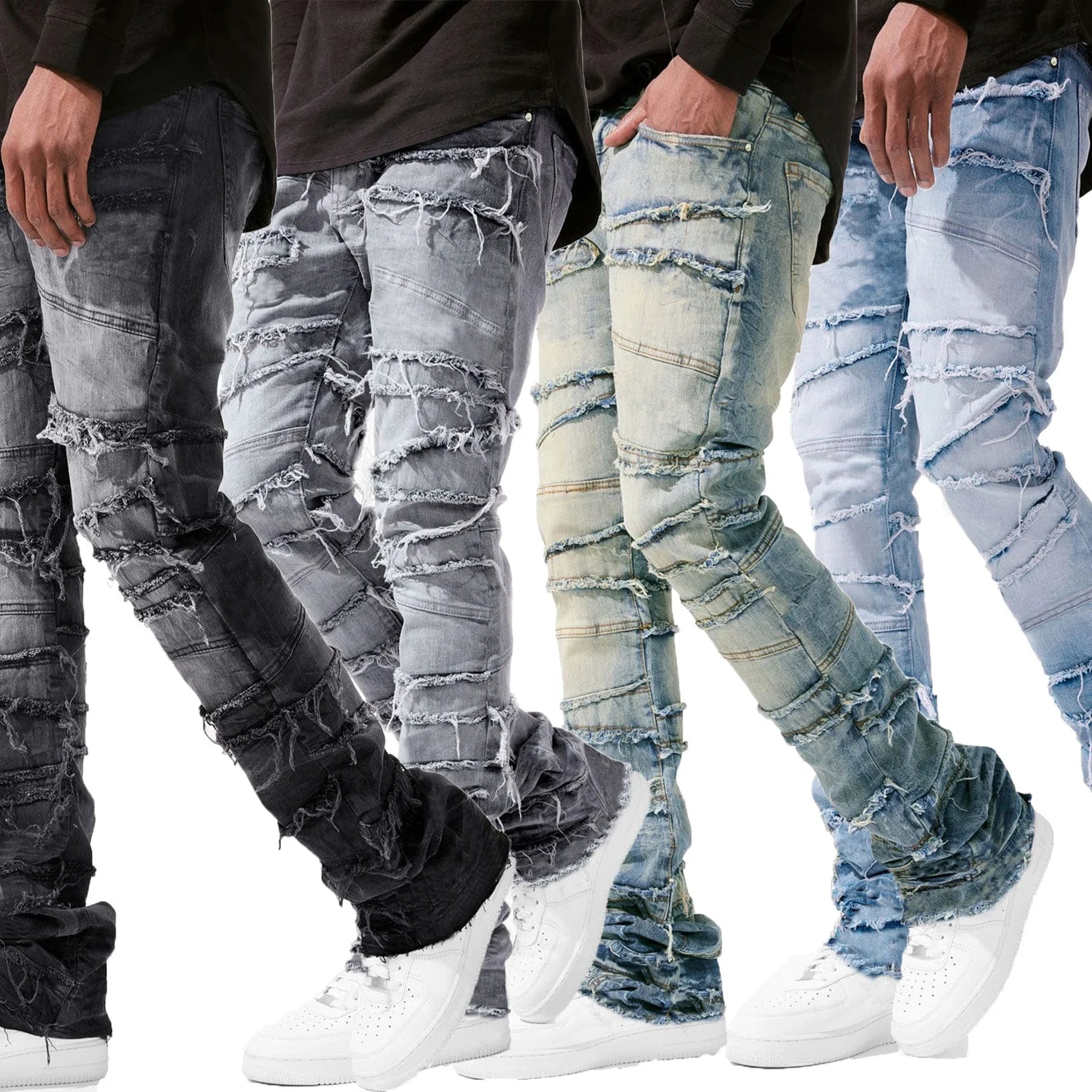 2025 New Flared Jeans Men's Fit Stacked Jeans Ripped Slim Fit Patch Distressed Destroyed Denim Pants Hip Hop Streetwear Trouser
