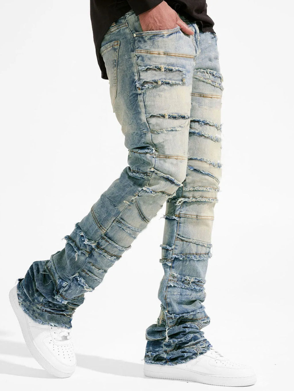 2025 New Flared Jeans Men's Fit Stacked Jeans Ripped Slim Fit Patch Distressed Destroyed Denim Pants Hip Hop Streetwear Trouser