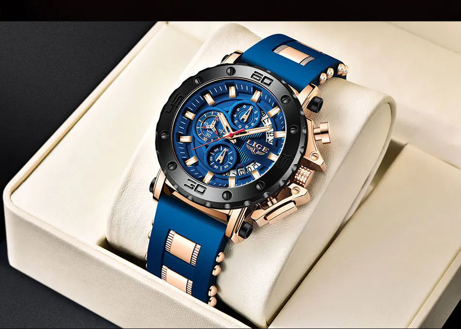 LIGE New Sport Chronograph Mens Watches Top Brand Luxury Full Steel Quartz Clock Waterproof Big Dial Watch Men Montre Homme+Box