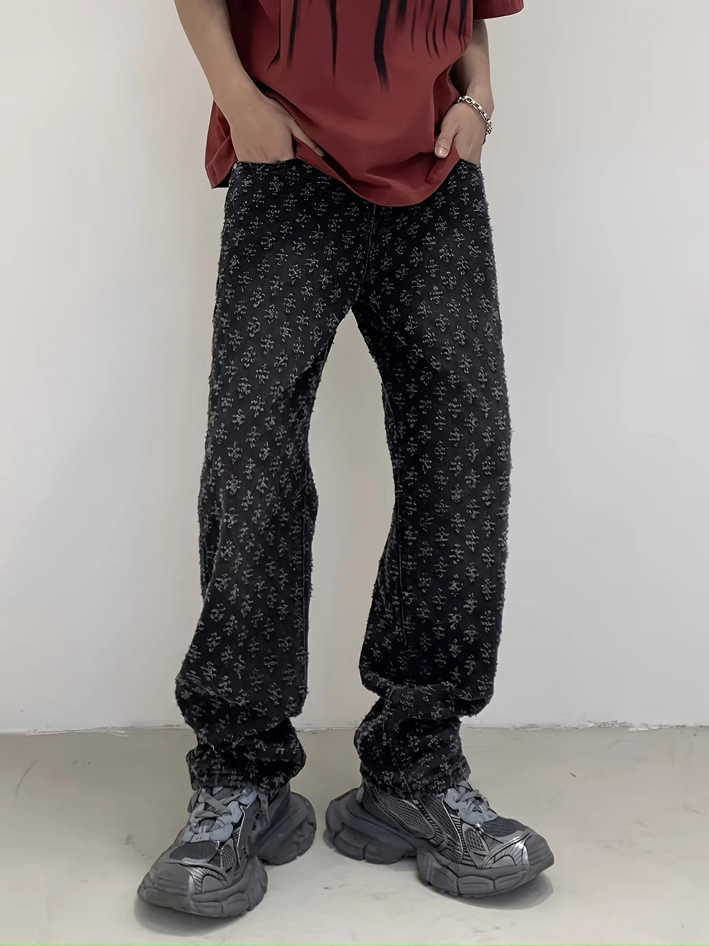 Men's Washed Jeans with Full Print, Summer American Retro Hip-Hop Trendy Brand, Cool Street Style Straight-Leg Flared Pants