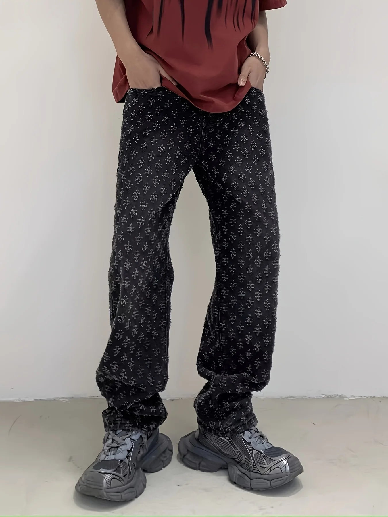 Men's Washed Jeans with Full Print, Summer American Retro Hip-Hop Trendy Brand, Cool Street Style Straight-Leg Flared Pants