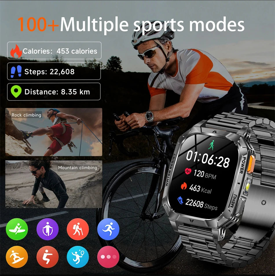 2026 New 2.01" AMOLED Screen Military Grade 1400 mAh Battery Smart Watch Men IP68 Waterproof Sports Fitness BT Call Smartwatches