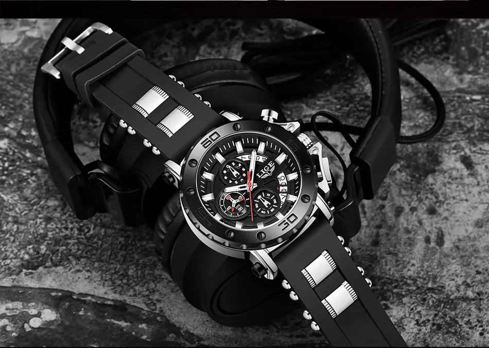 LIGE New Sport Chronograph Mens Watches Top Brand Luxury Full Steel Quartz Clock Waterproof Big Dial Watch Men Montre Homme+Box