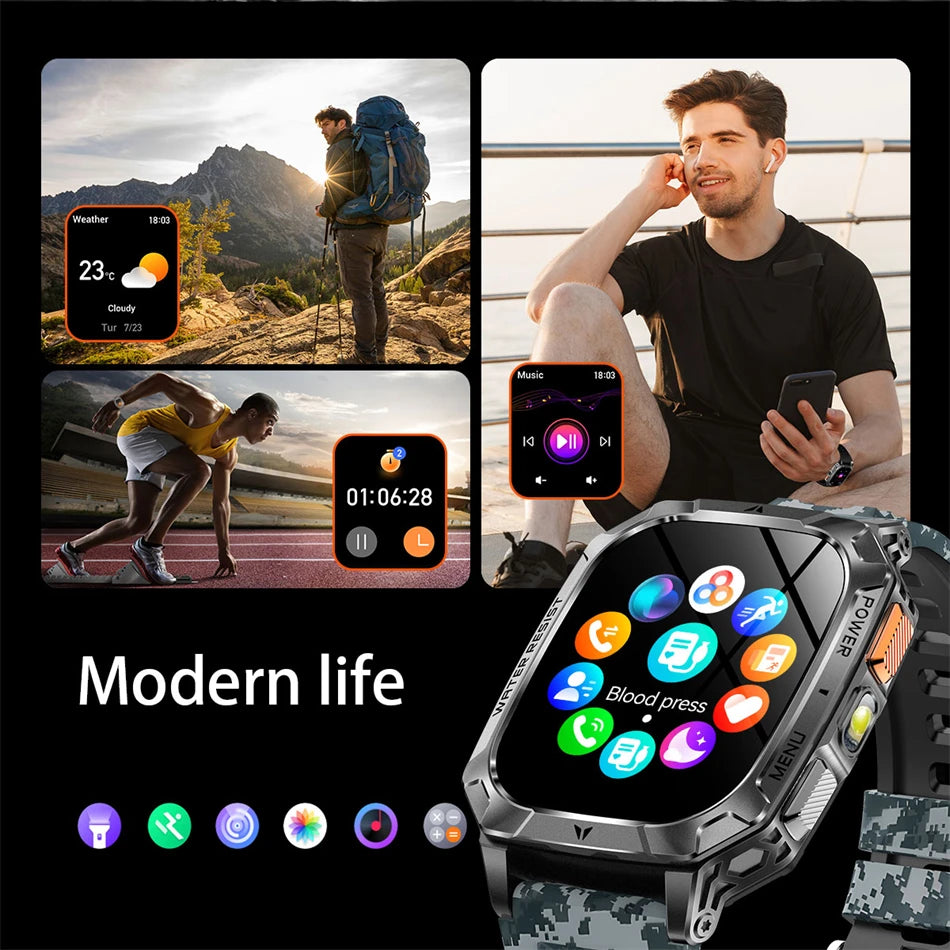 2026 New 2.01" AMOLED Screen Military Grade 1400 mAh Battery Smart Watch Men IP68 Waterproof Sports Fitness BT Call Smartwatches