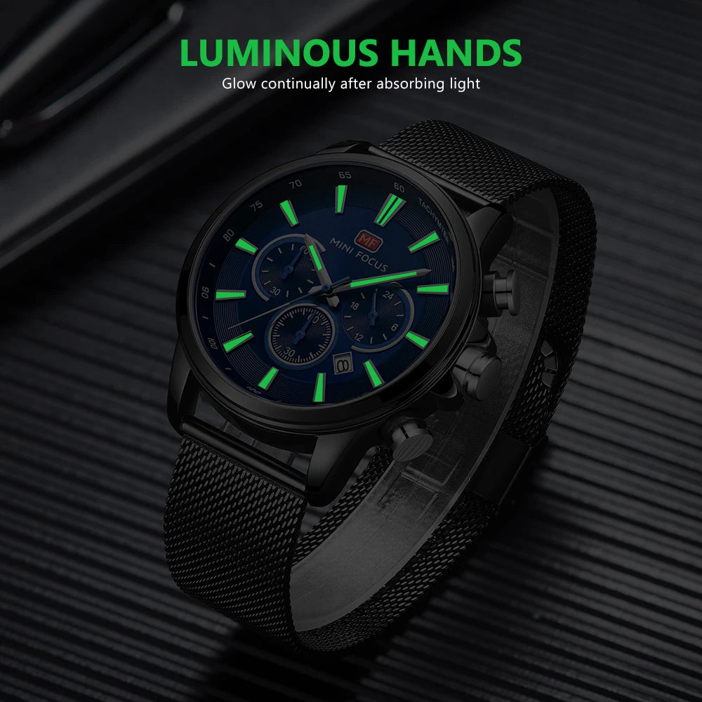 Three Sub-dials Six-hand Watch Waterproof Luminous Date Milane Montre De Luxe Homme Quartz Clock Mesh Strap Sports Watch MF0142G