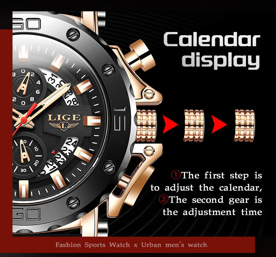 LIGE New Sport Chronograph Mens Watches Top Brand Luxury Full Steel Quartz Clock Waterproof Big Dial Watch Men Montre Homme+Box