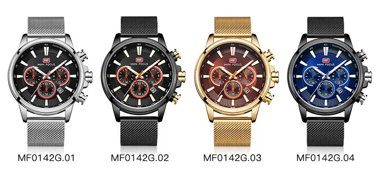 Three Sub-dials Six-hand Watch Waterproof Luminous Date Milane Montre De Luxe Homme Quartz Clock Mesh Strap Sports Watch MF0142G